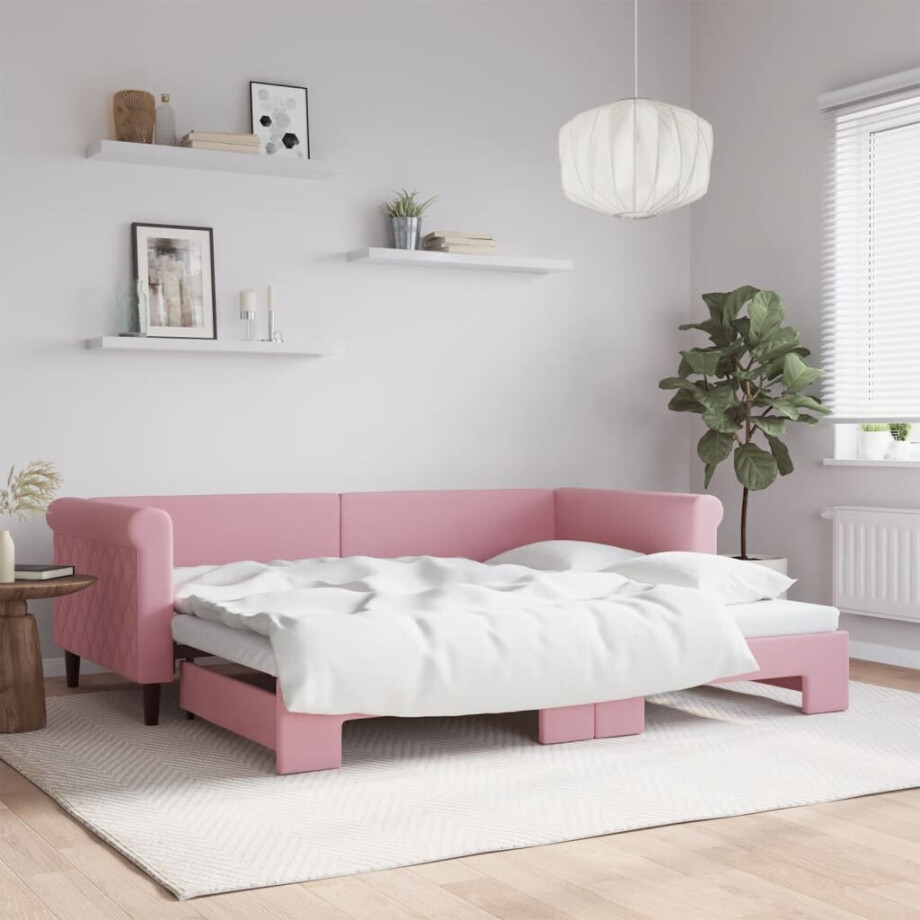vidaXL Slaapbank met onderschuifbed 90x200 cm fluweel roze afbeelding 1