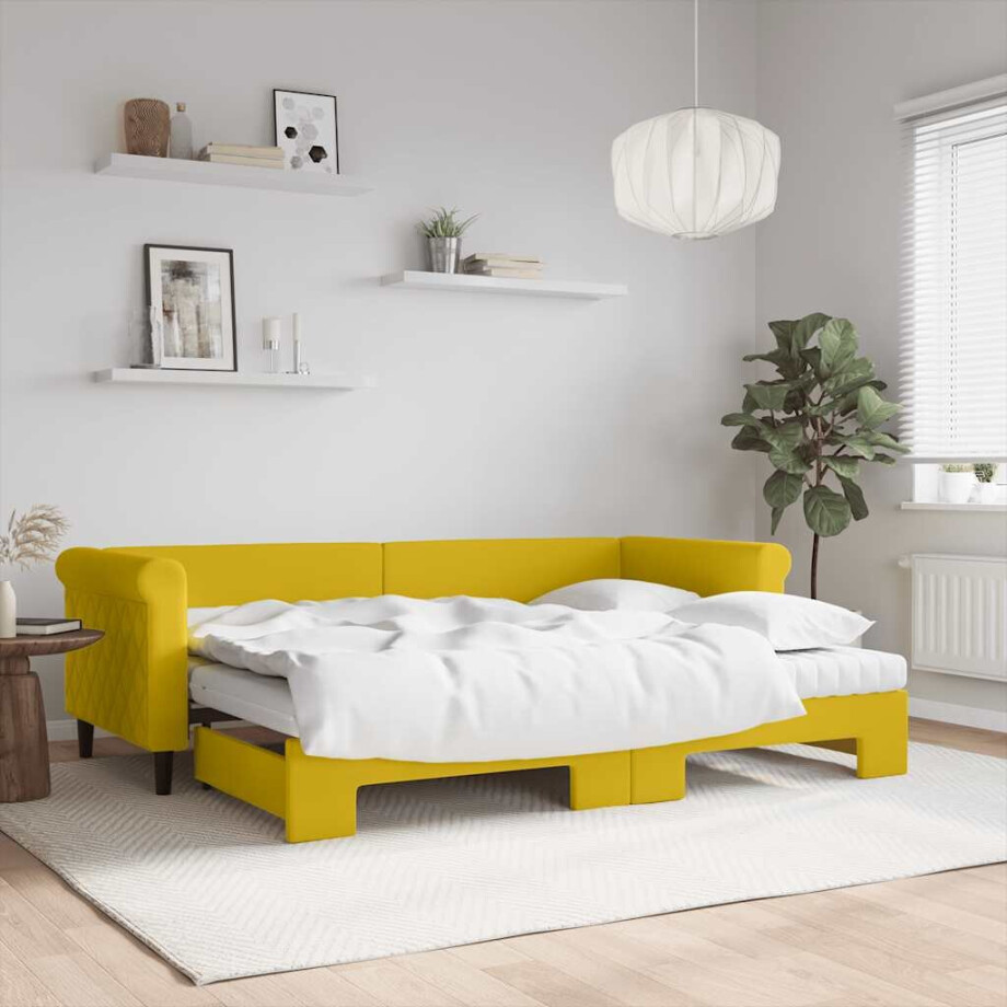 vidaXL Slaapbank onderschuifbed en matrassen 80x200 cm fluweel geel vidaXL Slaapbank onderschuifbed en matrassen 80x200 cm fluweel geel afbeelding 1