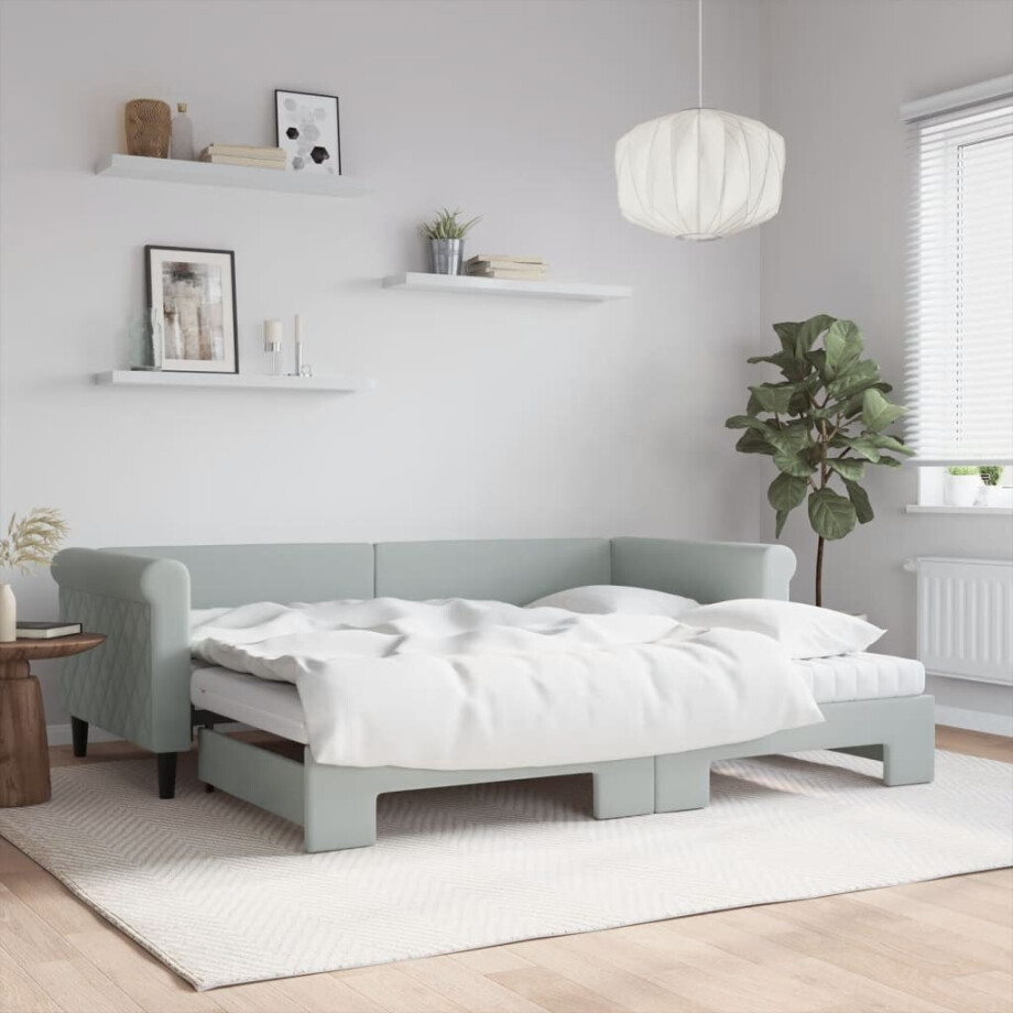 vidaXL Slaapbank onderschuifbed matrassen 90x200 cm fluweel lichtgrijs vidaXL Slaapbank onderschuifbed matrassen 90x200 cm fluweel lichtgrijs afbeelding 1