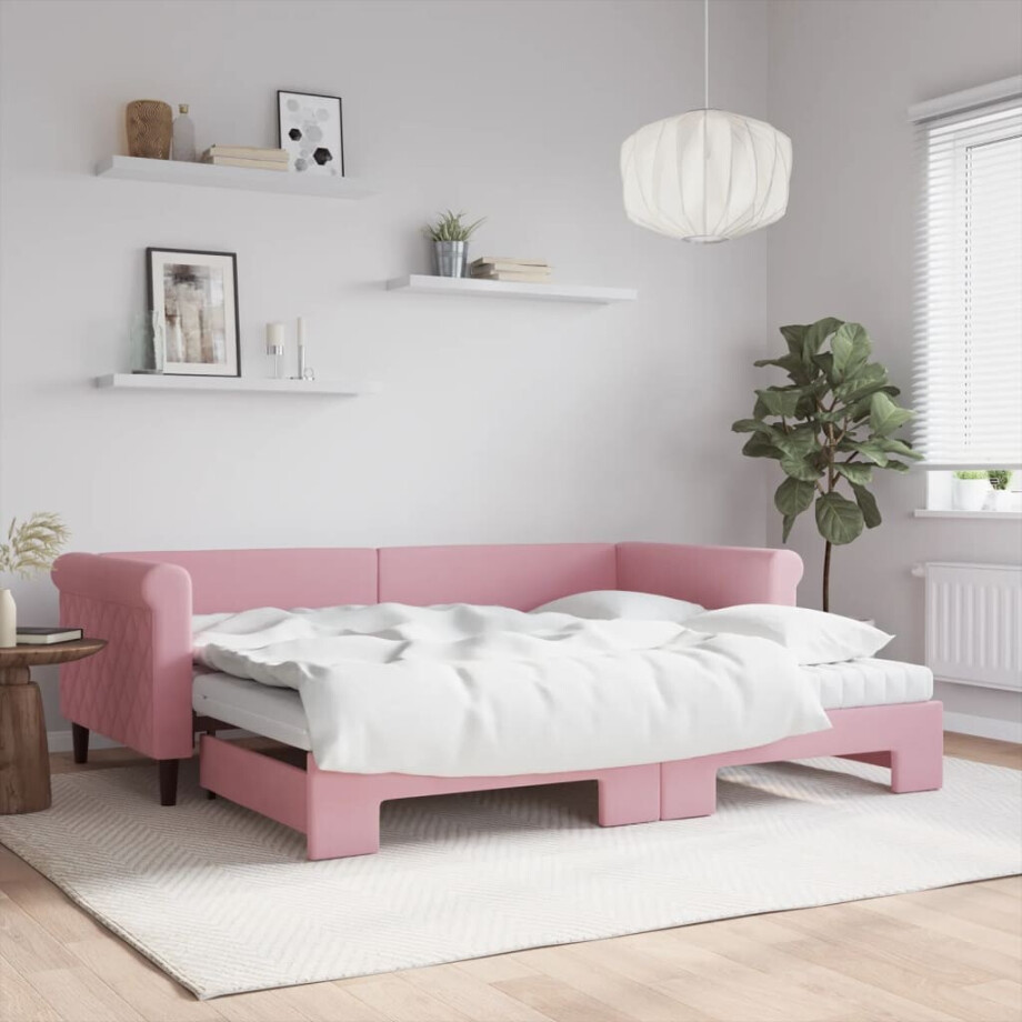 vidaXL Slaapbank onderschuifbed en matrassen 90x200 cm fluweel roze afbeelding 1