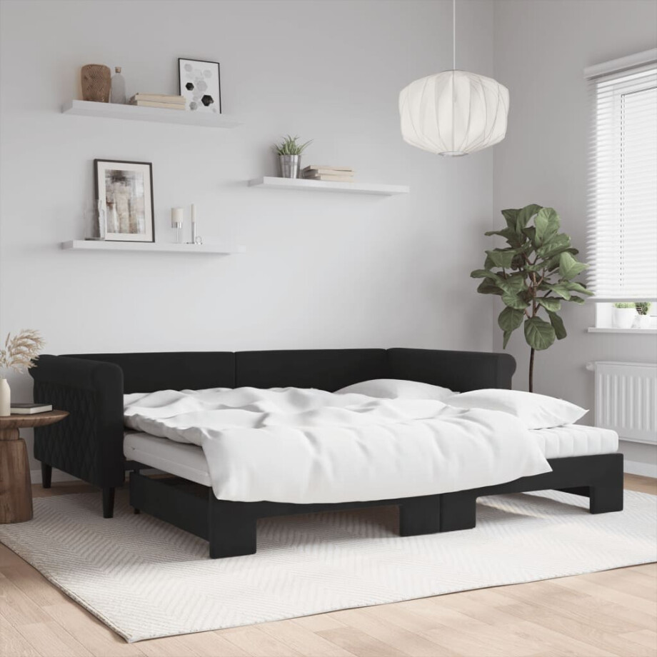 vidaXL Slaapbank onderschuifbed en matrassen 100x200 cm fluweel zwart afbeelding 1