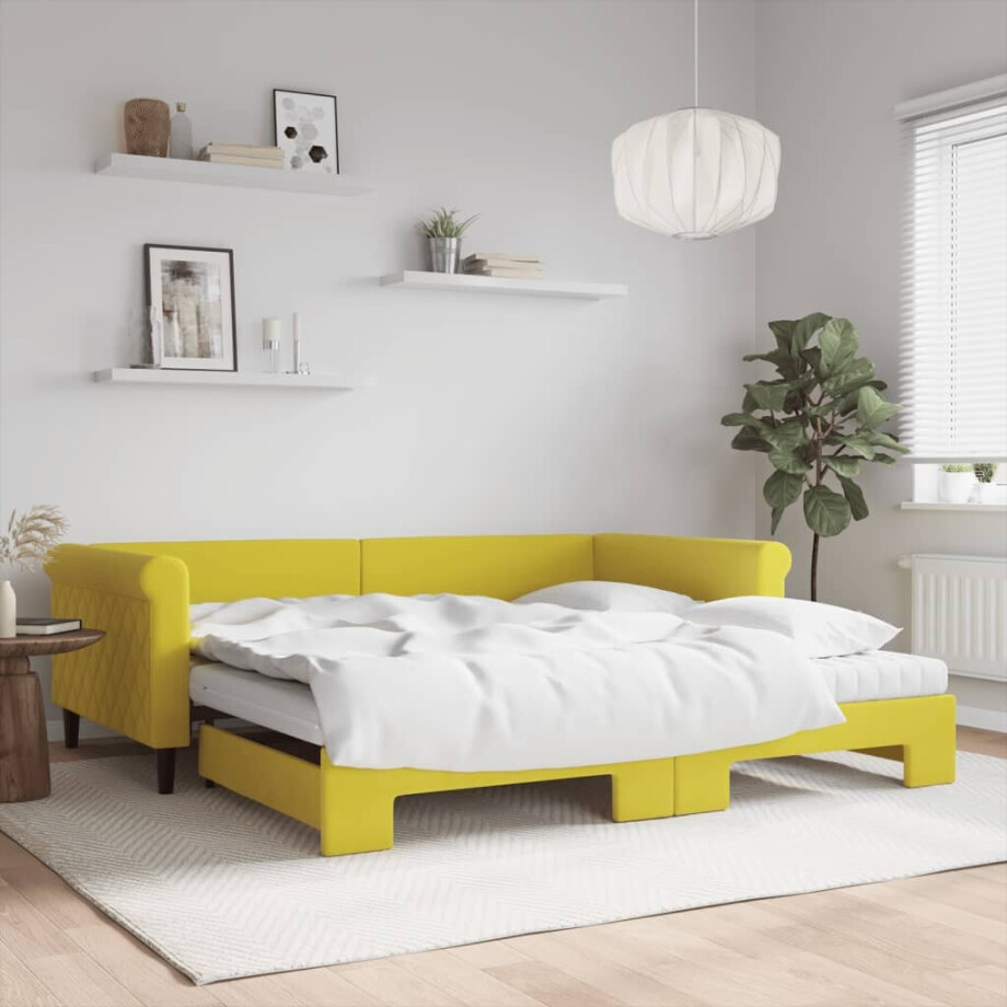 vidaXL Slaapbank onderschuifbed en matrassen 100x200 cm fluweel geel afbeelding 1