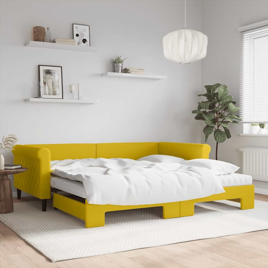 vidaXL Slaapbank onderschuifbed en matrassen 100x200 cm fluweel geel vidaXL Slaapbank onderschuifbed en matrassen 100x200 cm fluweel geel afbeelding 1