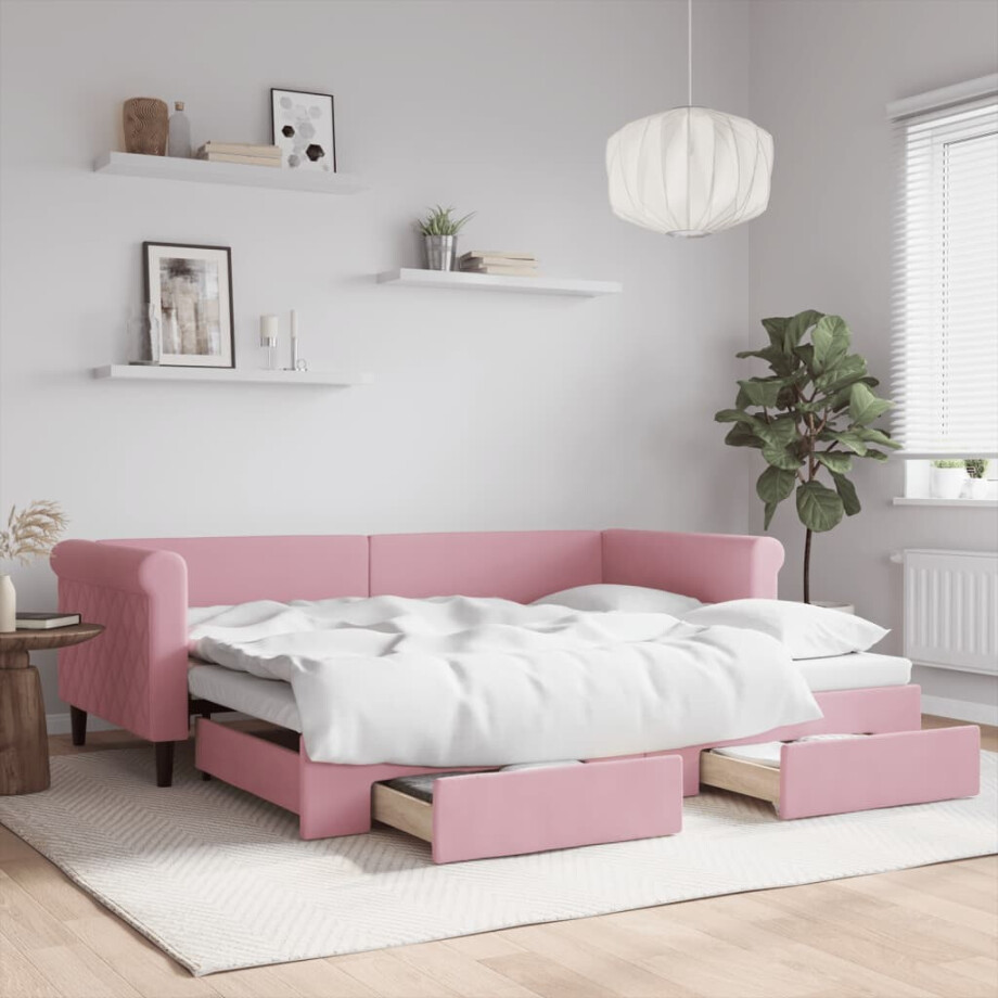 vidaXL Slaapbank met onderschuifbed en lades 90x200 cm fluweel roze afbeelding 1