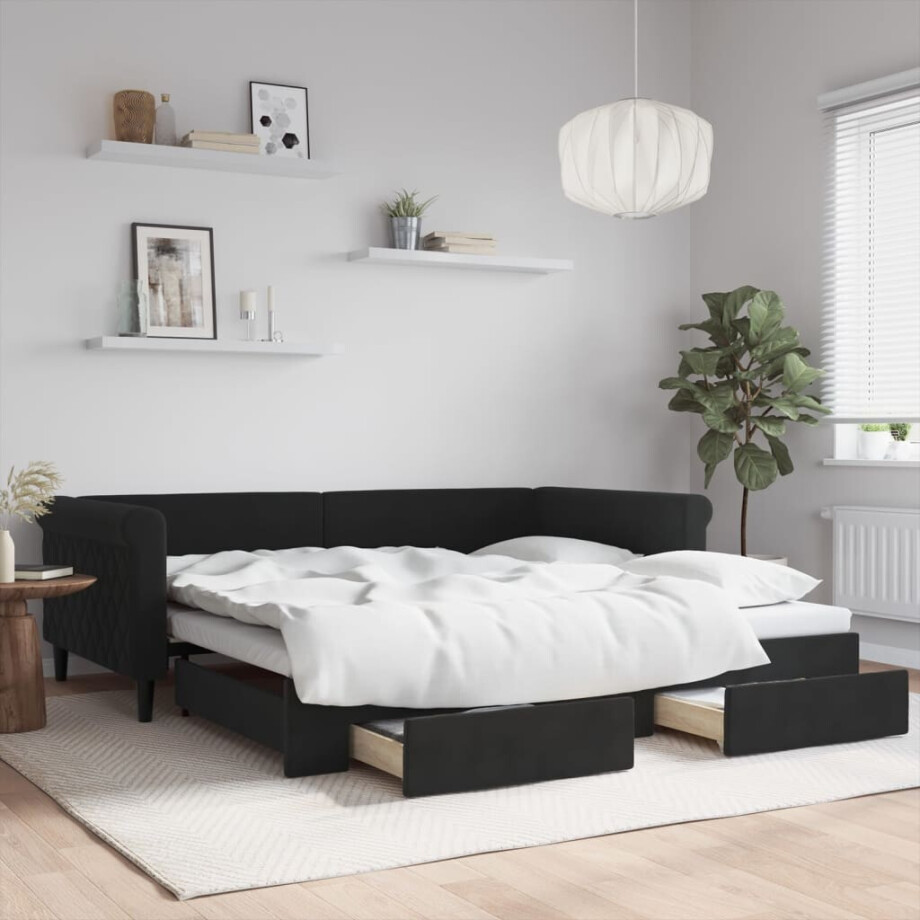 vidaXL Slaapbank met onderschuifbed en lades 100x200 cm fluweel zwart afbeelding 1