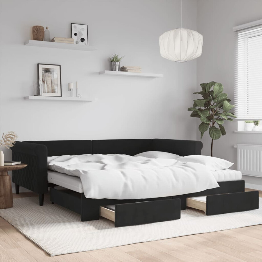 vidaXL Slaapbank met onderschuifbed en lades 100x200 cm fluweel zwart afbeelding 1