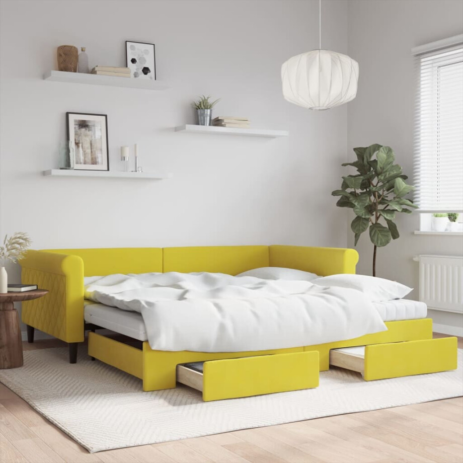 vidaXL Slaapbank met onderschuifbed en lades 100x200 cm fluweel geel afbeelding 1