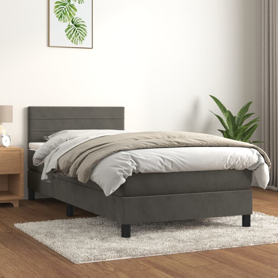 vidaXL Boxspring met matras fluweel donkergrijs 90x190 cm vidaXL Boxspring met matras fluweel donkergrijs 90x190 cm afbeelding 1