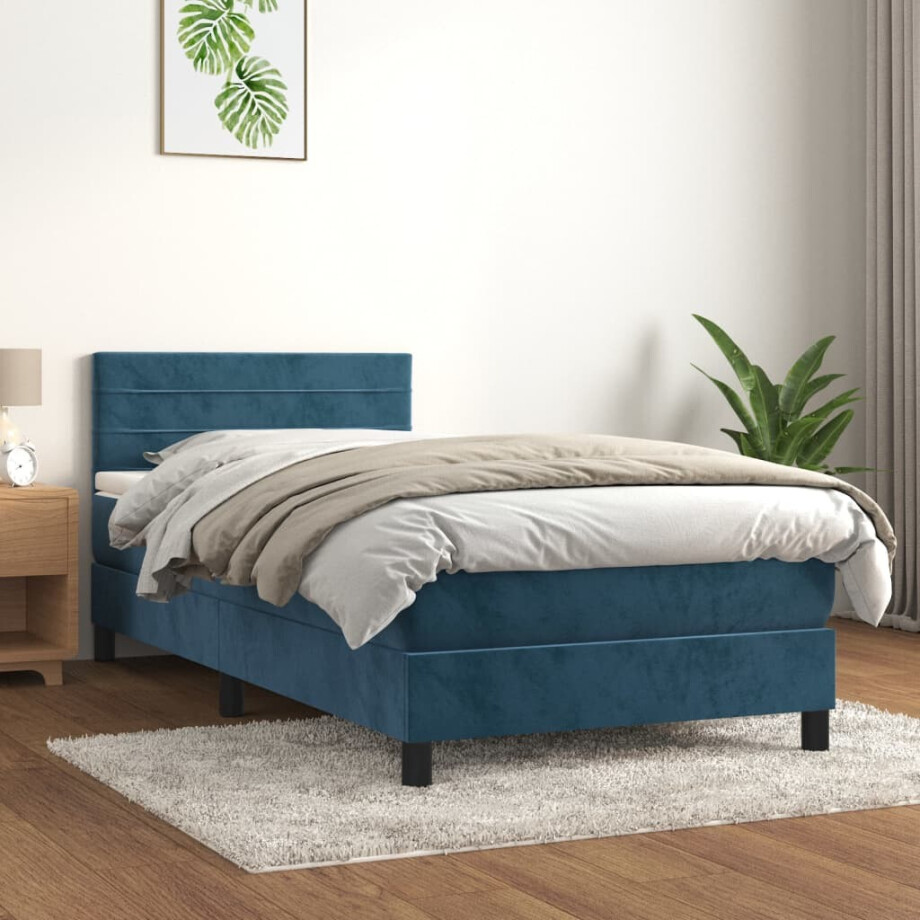 vidaXL Boxspring met matras fluweel donkerblauw 90x190 cm afbeelding 1