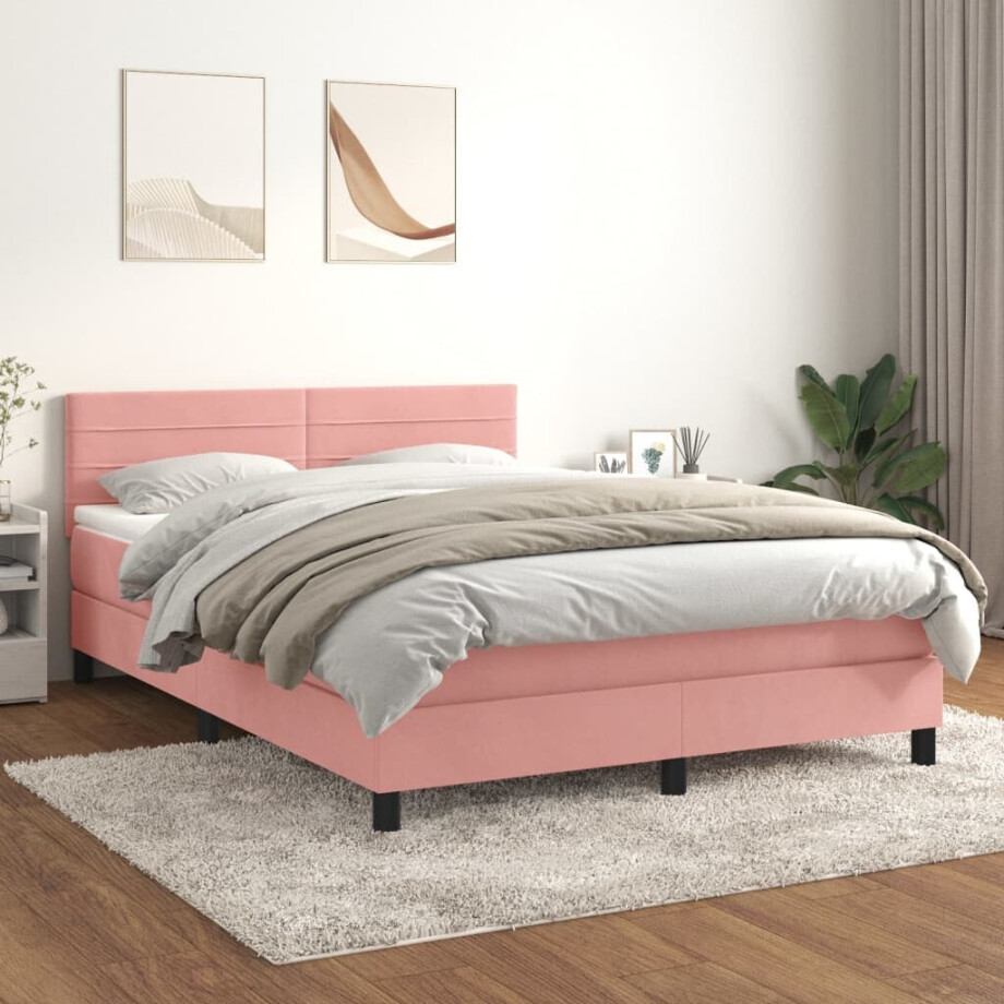 vidaXL Boxspring met matras fluweel roze 140x190 cm afbeelding 1