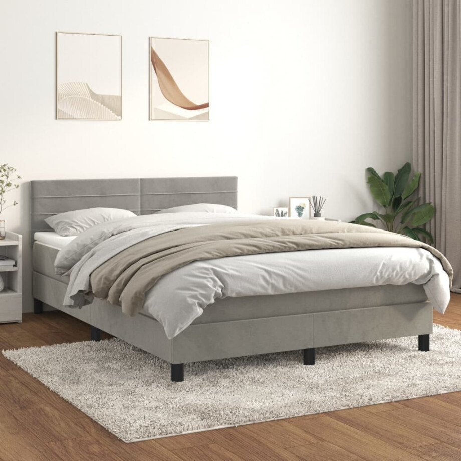 vidaXL Boxspring met matras fluweel lichtgrijs 140x200 cm afbeelding 1