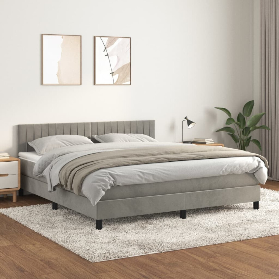 vidaXL Boxspring met matras fluweel lichtgrijs 160x200 cm vidaXL Boxspring met matras fluweel lichtgrijs 160x200 cm afbeelding 1