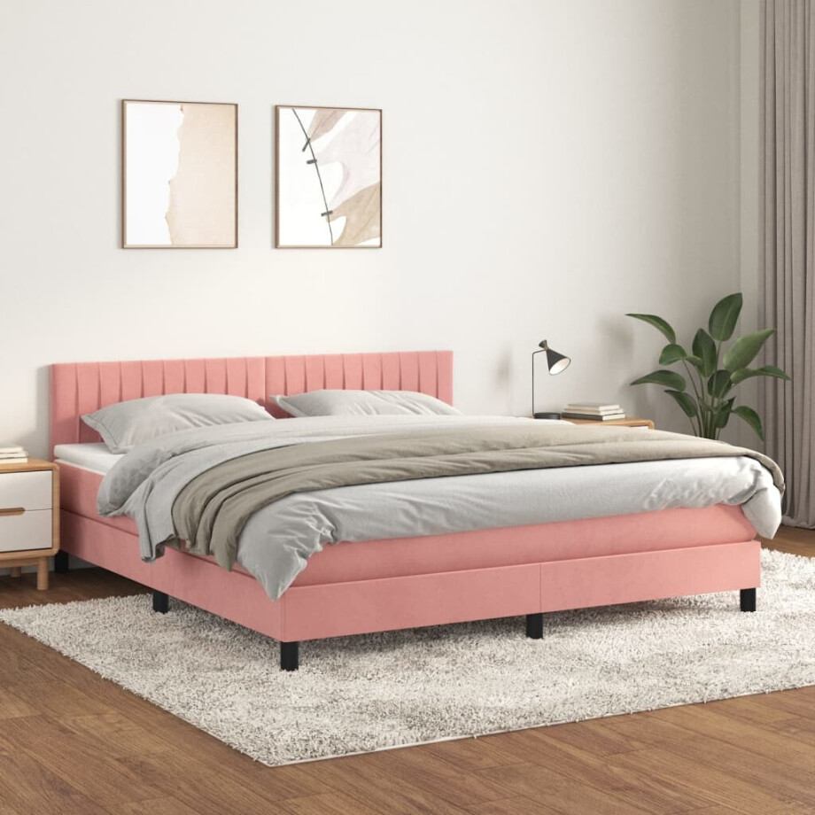 vidaXL Boxspring met matras fluweel roze 180x200 cm afbeelding 1