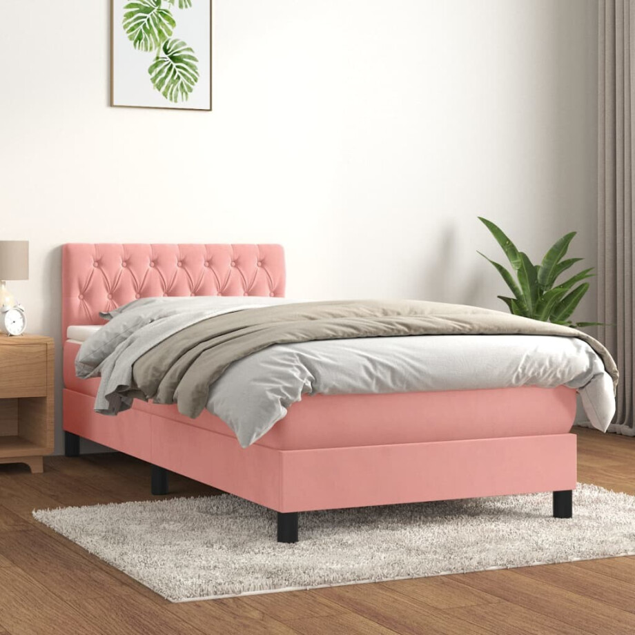 vidaXL Boxspring met matras fluweel roze 100x200 cm afbeelding 1
