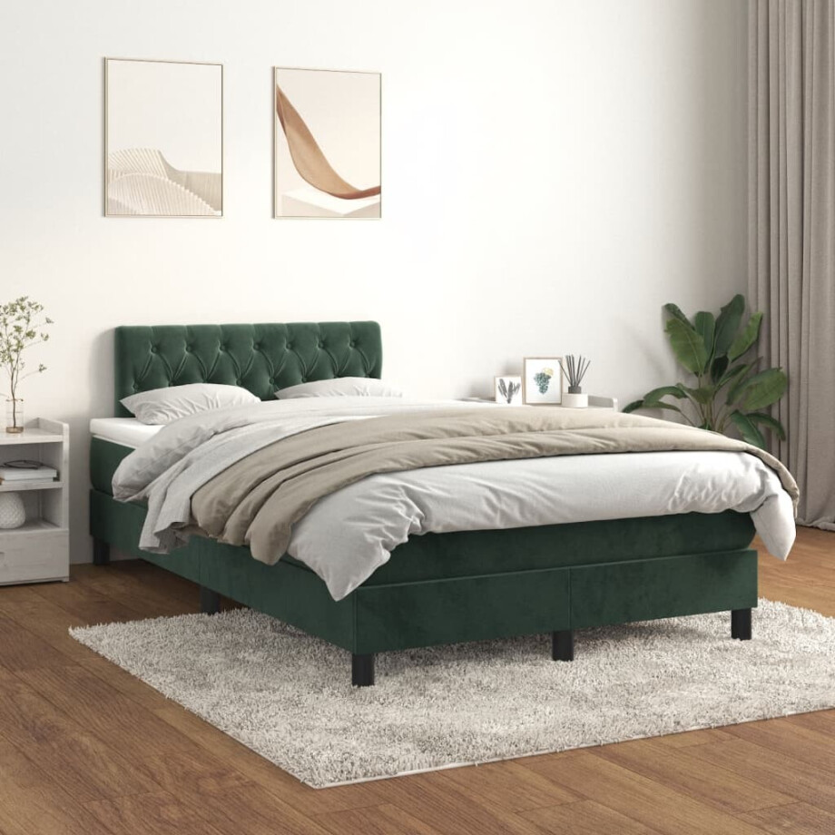 vidaXL Boxspring met matras fluweel donkergroen 120x200 cm afbeelding 1