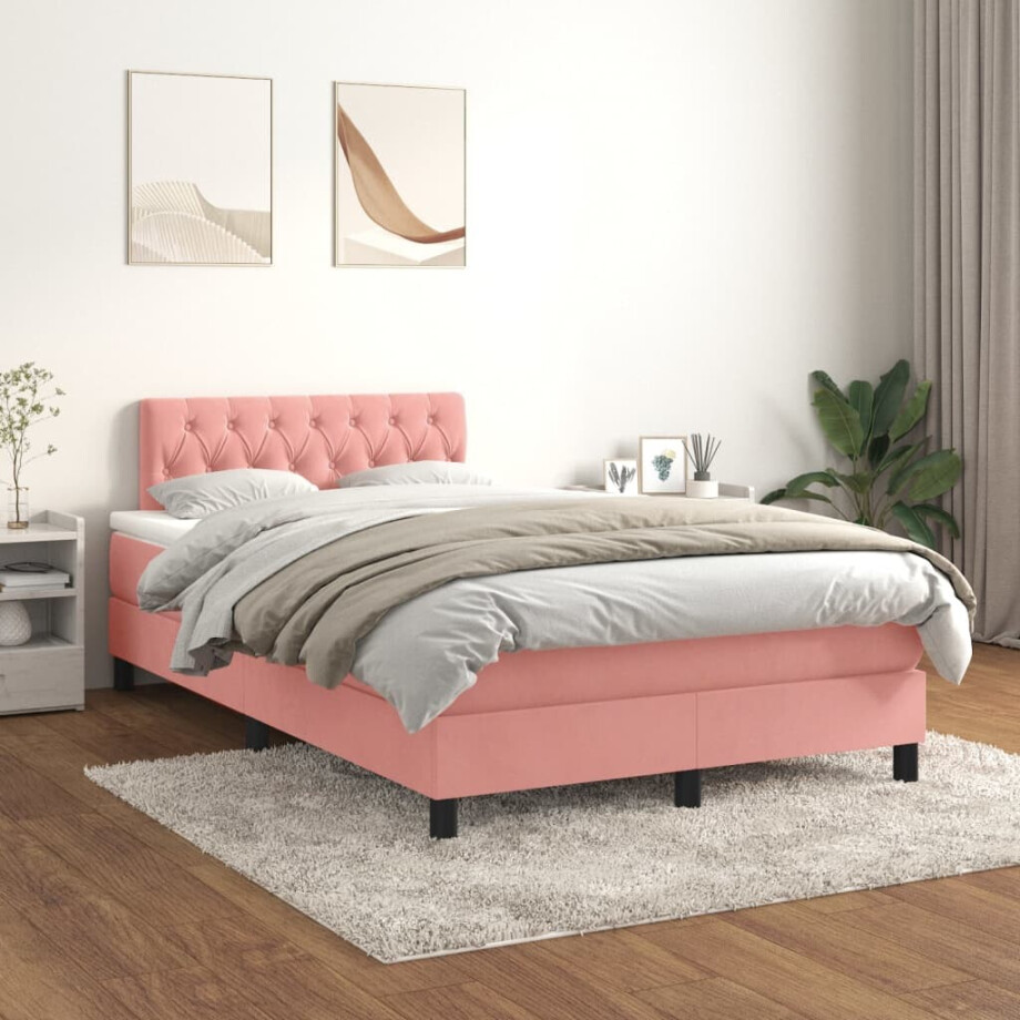 vidaXL Boxspring met matras fluweel roze 120x200 cm afbeelding 1