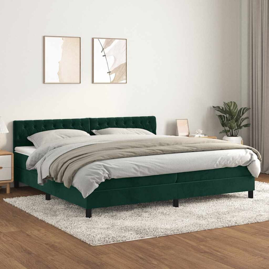 vidaXL Boxspring met matras fluweel donkergroen 200x200 cm afbeelding 1
