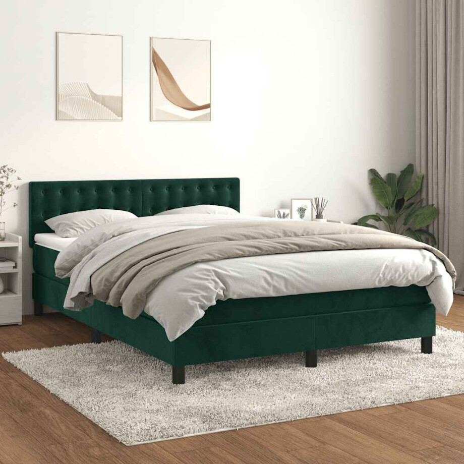vidaXL Boxspring met matras fluweel donkergroen 140x190 cm vidaXL Boxspring met matras fluweel donkergroen 140x190 cm afbeelding 1