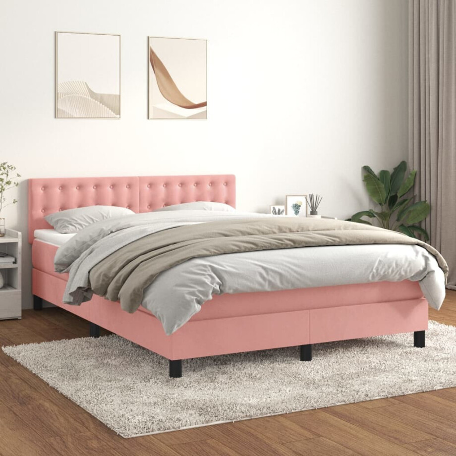 vidaXL Boxspring met matras fluweel roze 140x200 cm vidaXL Boxspring met matras fluweel roze 140x200 cm afbeelding 1