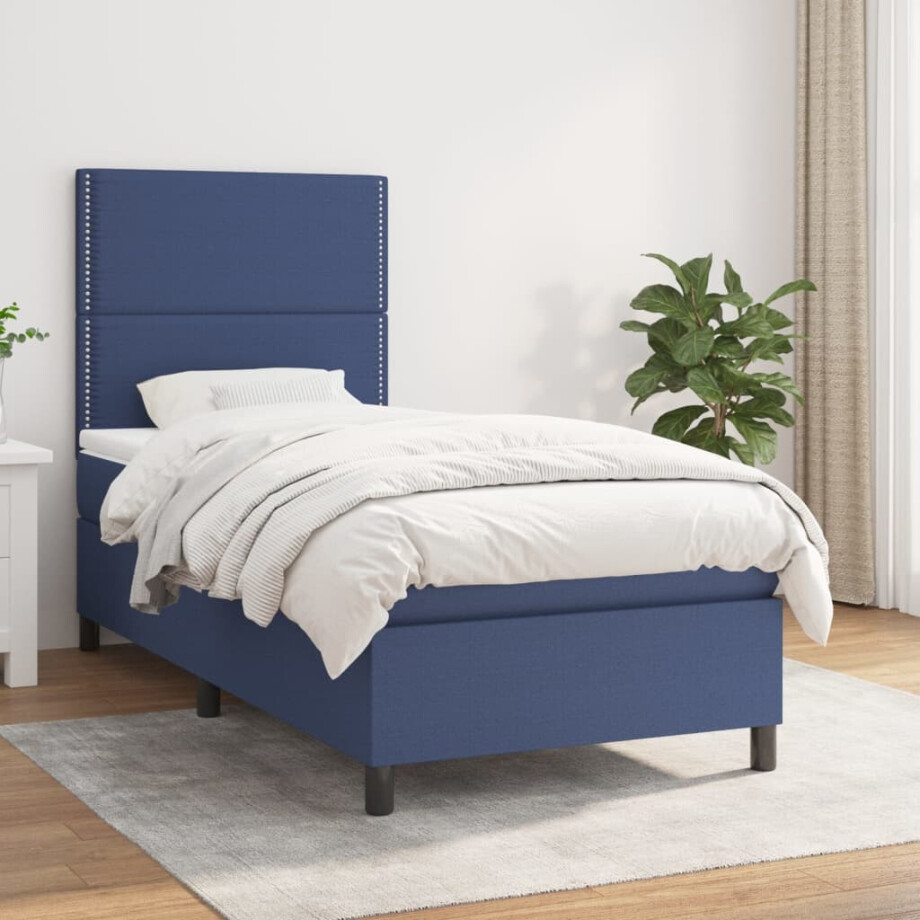 vidaXL Boxspring met matras stof blauw 90x200 cm afbeelding 1