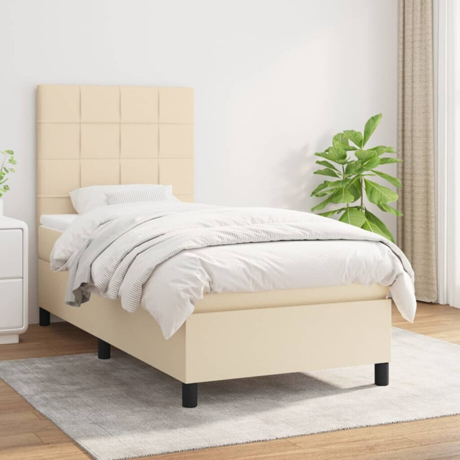 vidaXL Boxspring met matras stof crèmekleurig 90x200 cm vidaXL Boxspring met matras stof crèmekleurig 90x200 cm afbeelding 1