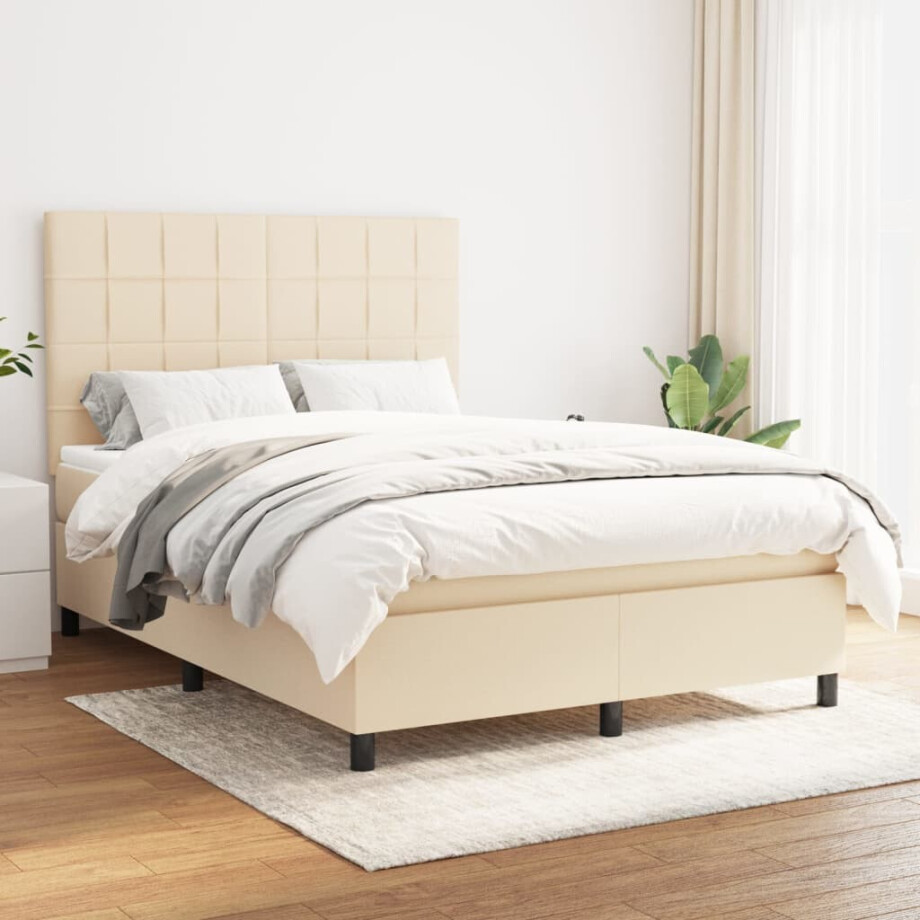 vidaXL Boxspring met matras stof crèmekleurig 140x190 cm afbeelding 1