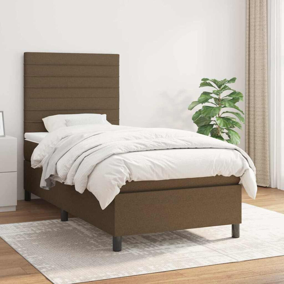 vidaXL Boxspring met matras stof donkerbruin 90x200 cm afbeelding 1