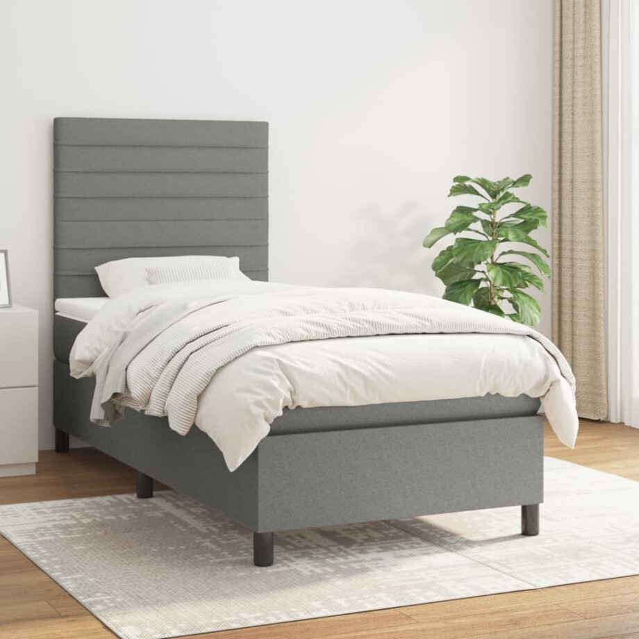 vidaXL Boxspring met matras stof donkergrijs 100x200 cm afbeelding 1