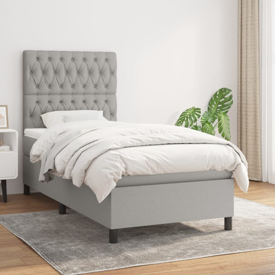 vidaXL Boxspring met matras stof lichtgrijs 90x200 cm afbeelding 1