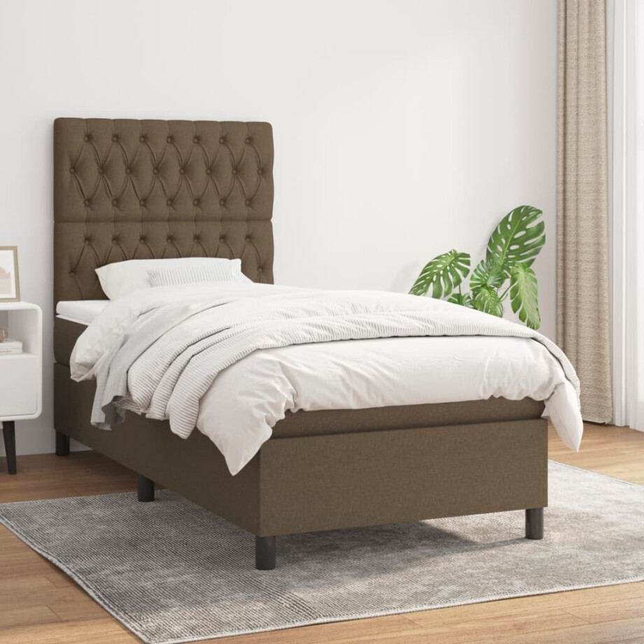 vidaXL Boxspring met matras stof donkerbruin 90x200 cm afbeelding 1