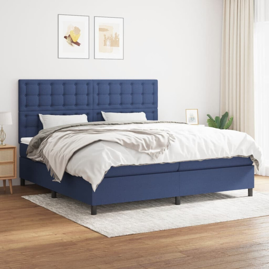 vidaXL Boxspring met matras stof blauw 200x200 cm afbeelding 1