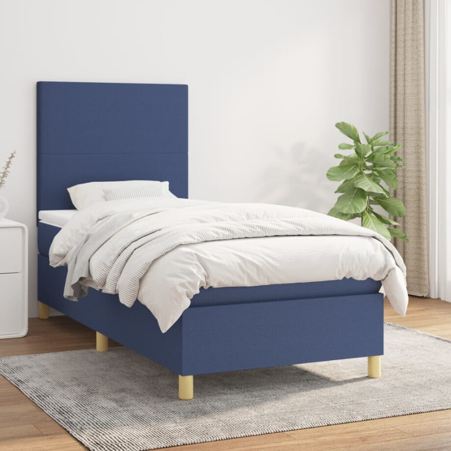 vidaXL Boxspring met matras stof blauw 100x200 cm afbeelding 1