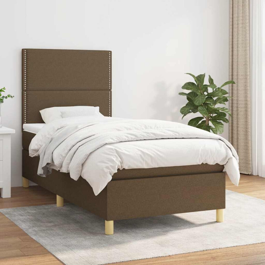 vidaXL Boxspring met matras stof donkerbruin 90x200 cm vidaXL Boxspring met matras stof donkerbruin 90x200 cm afbeelding 1