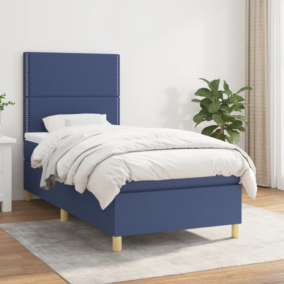 vidaXL Boxspring met matras stof blauw 90x200 cm vidaXL Boxspring met matras stof blauw 90x200 cm afbeelding 1