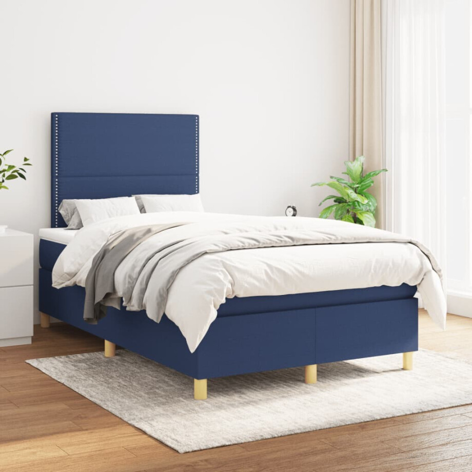 vidaXL Boxspring met matras stof blauw 120x200 cm afbeelding 1