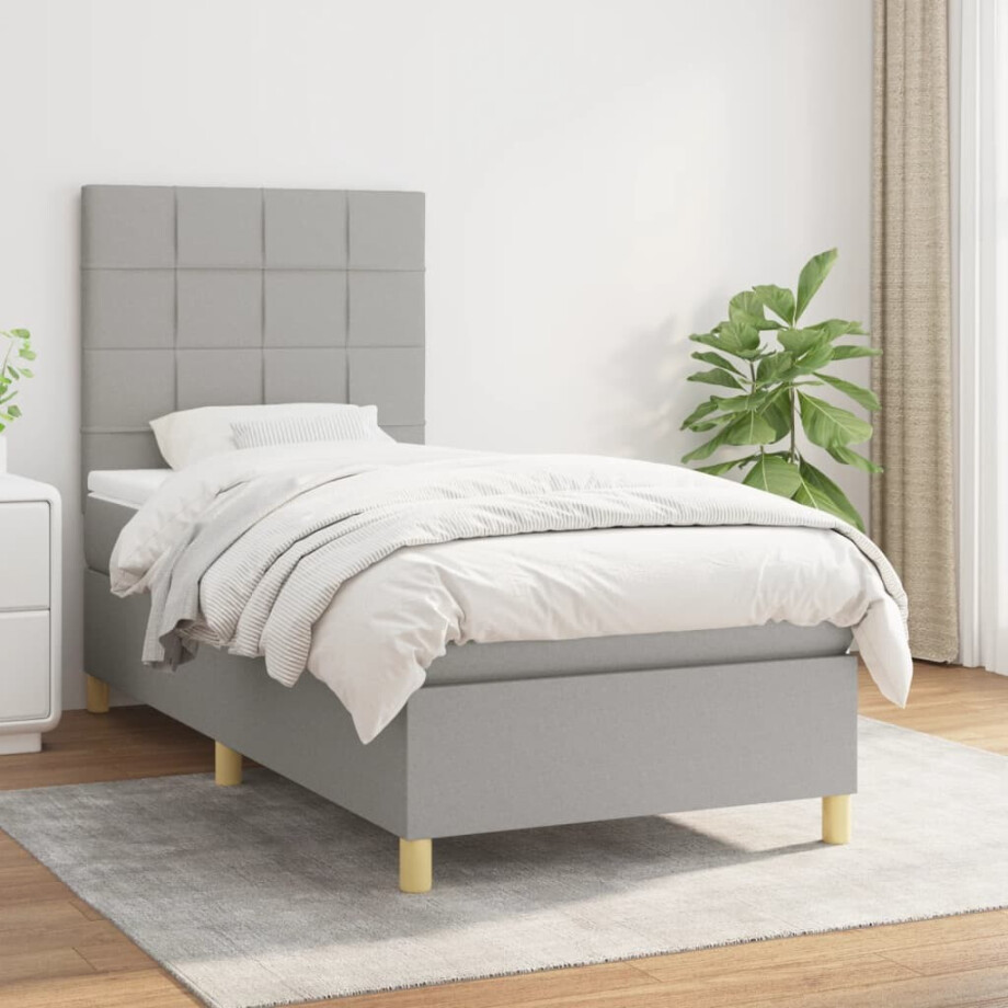 vidaXL Boxspring met matras stof lichtgrijs 90x200 cm afbeelding 1
