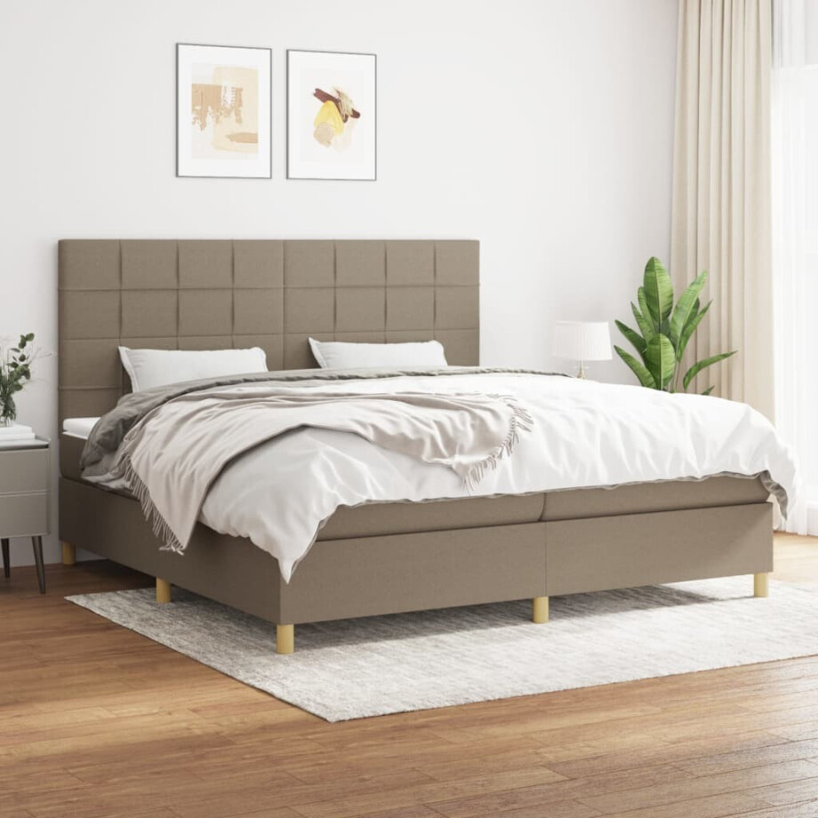 vidaXL Boxspring met matras stof taupe 200x200 cm afbeelding 1