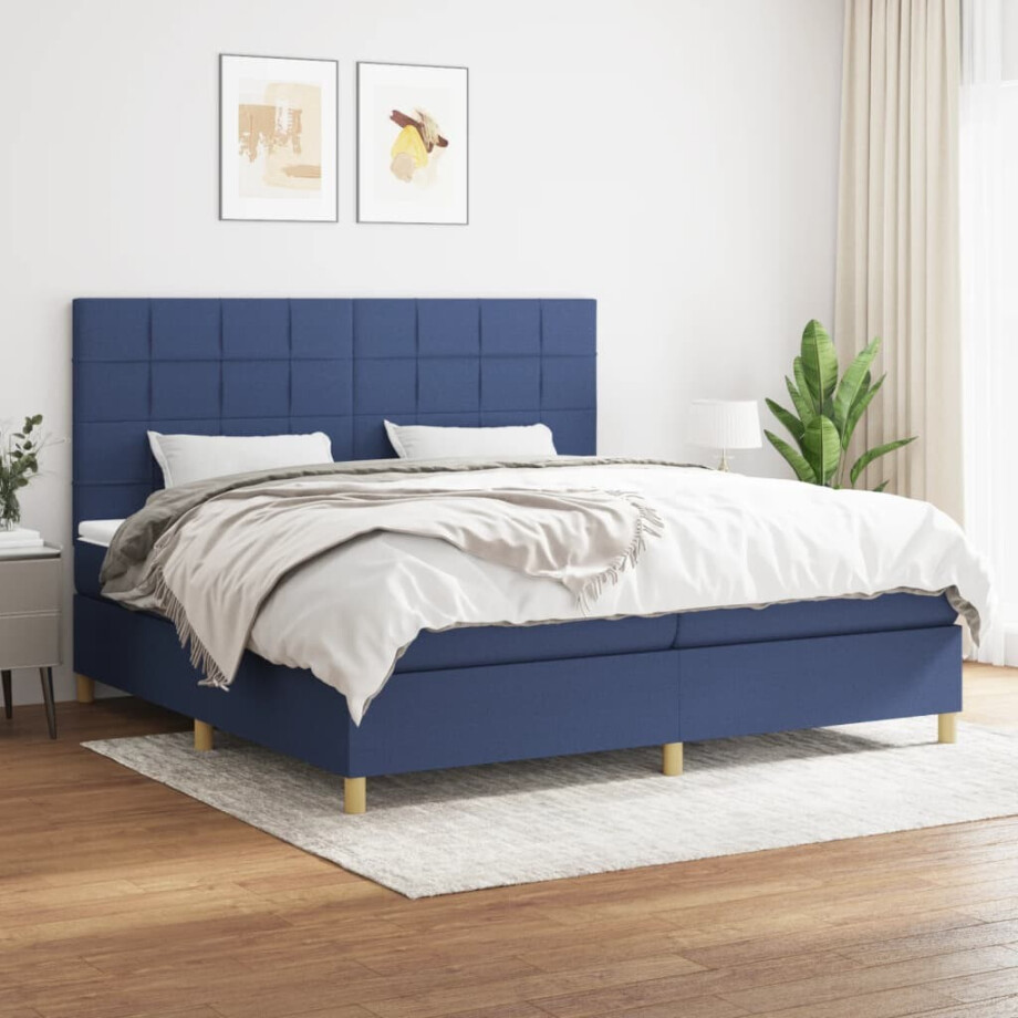 vidaXL Boxspring met matras stof blauw 200x200 cm afbeelding 1
