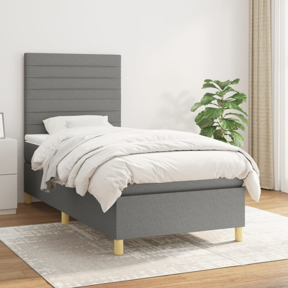 vidaXL Boxspring met matras stof donkergrijs 90x200 cm afbeelding 1