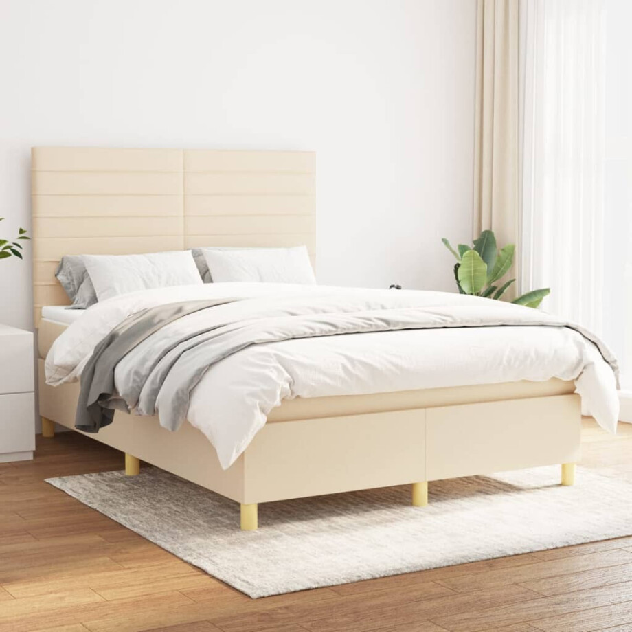 vidaXL Boxspring met matras stof crèmekleurig 140x190 cm afbeelding 1