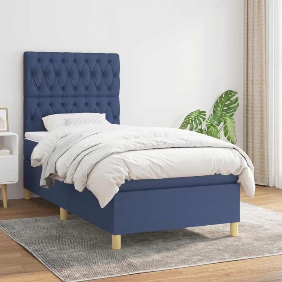 vidaXL Boxspring met matras stof blauw 90x190 cm afbeelding 1