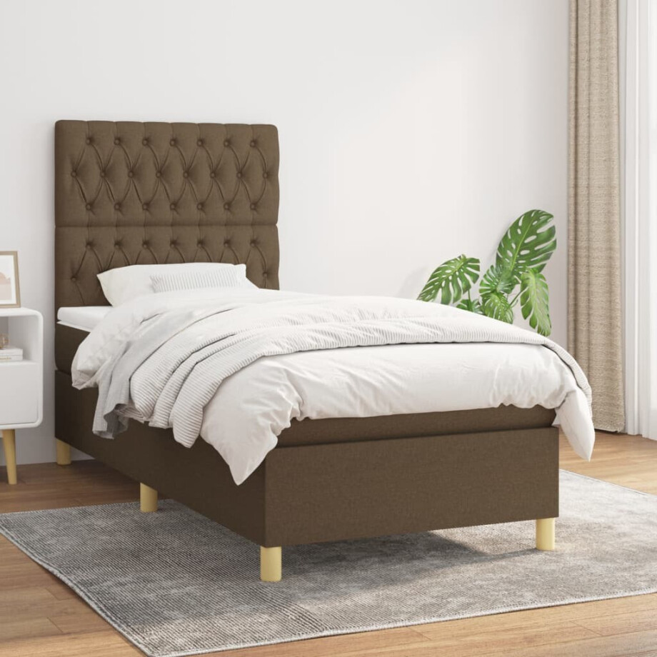 vidaXL Boxspring met matras stof donkerbruin 90x200 cm vidaXL Boxspring met matras stof donkerbruin 90x200 cm afbeelding 1