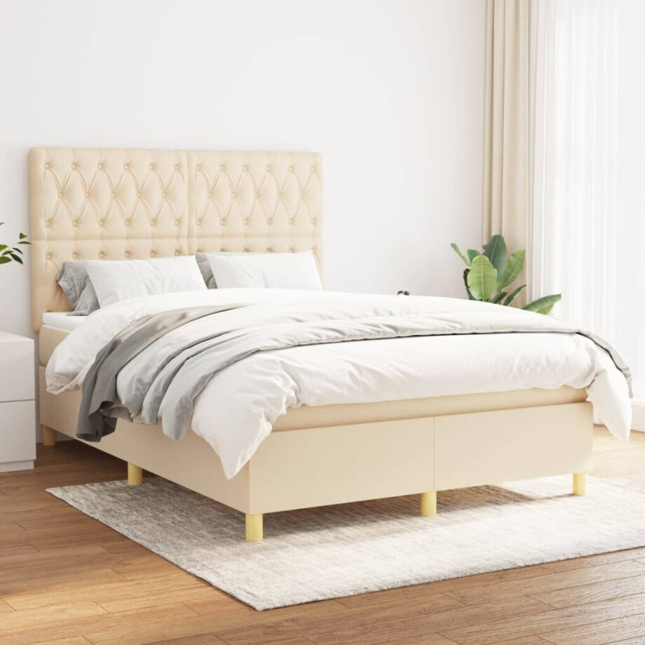 vidaXL Boxspring met matras stof crèmekleurig 140x190 cm afbeelding 1