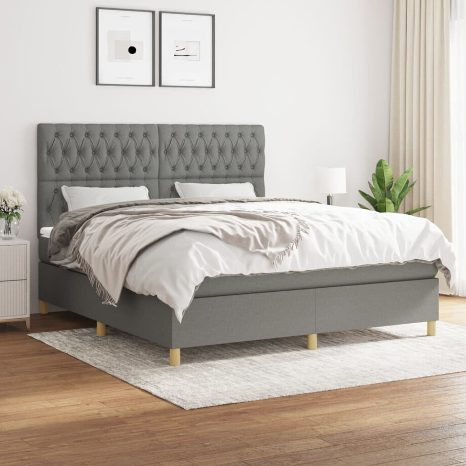 vidaXL Boxspring met matras stof donkergrijs 180x200 cm vidaXL Boxspring met matras stof donkergrijs 180x200 cm afbeelding 1