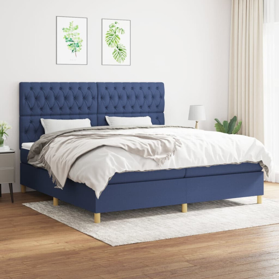 vidaXL Boxspring met matras stof blauw 200x200 cm afbeelding 1