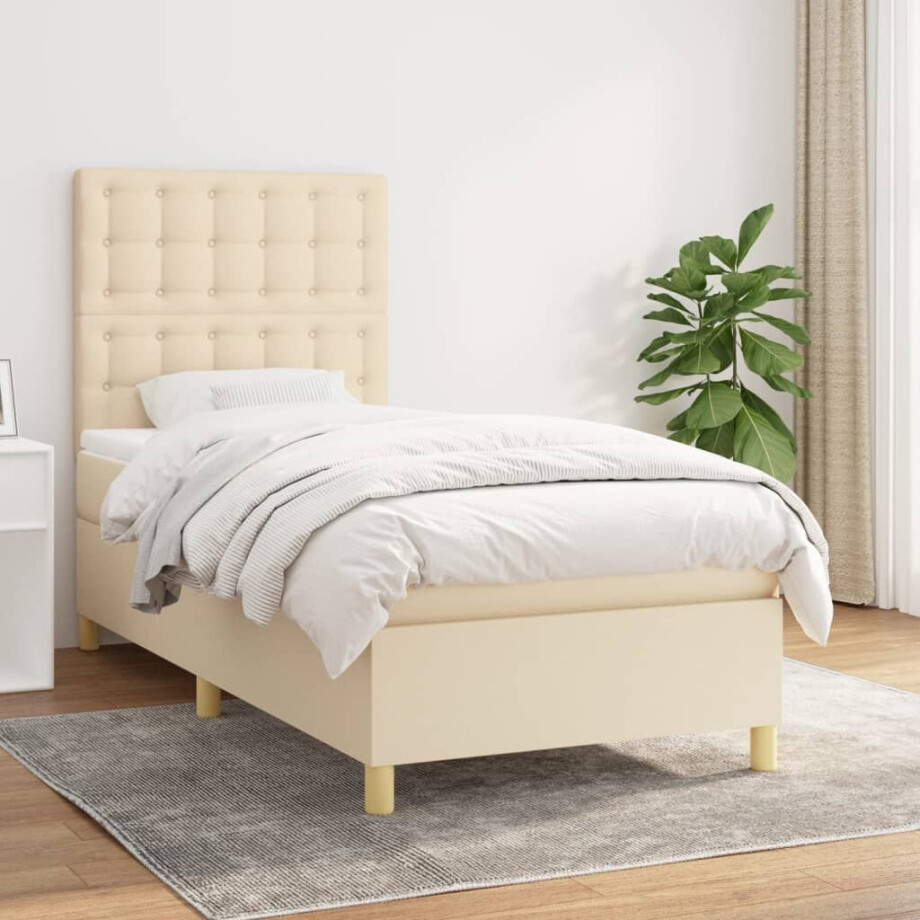 vidaXL Boxspring met matras stof crèmekleurig 90x200 cm afbeelding 1