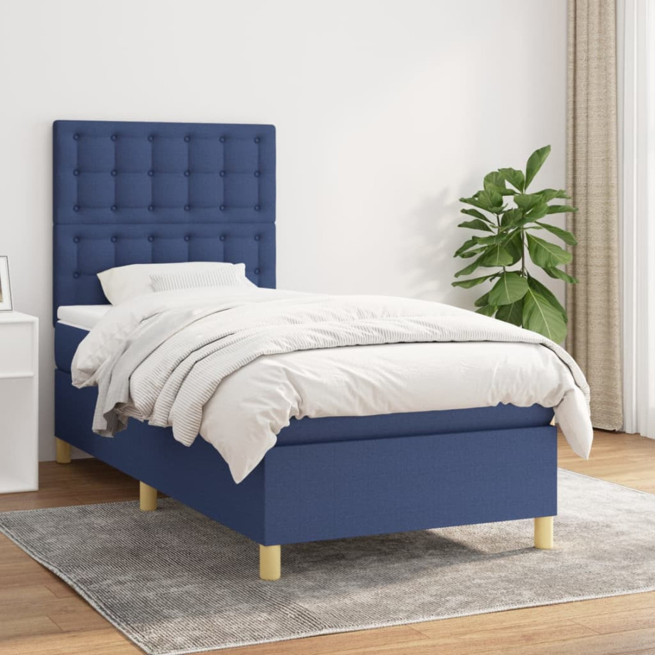 vidaXL Boxspring met matras stof blauw 100x200 cm afbeelding 1