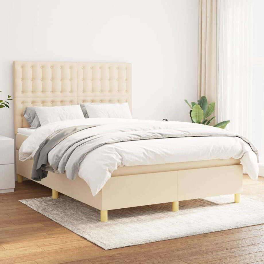 vidaXL Boxspring met matras stof crèmekleurig 140x190 cm afbeelding 1