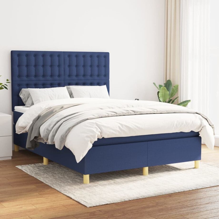 vidaXL Boxspring met matras stof blauw 140x190 cm afbeelding 1