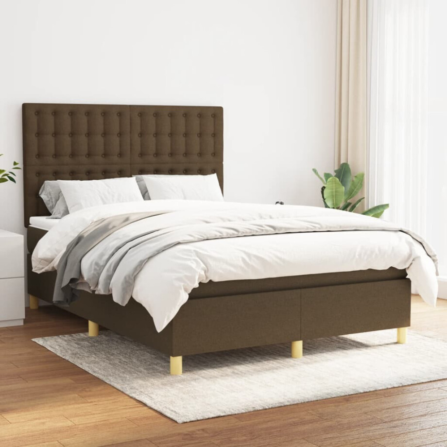 vidaXL Boxspring met matras stof donkerbruin 140x200 cm afbeelding 1